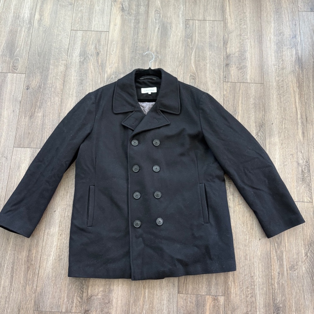 Calvin Klein Wool Blend Double Breasted Pea Fisherman Jacket Size L Black Coat